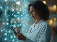 Female doctor using technological device. Background shows dots and lines to represent connected data.