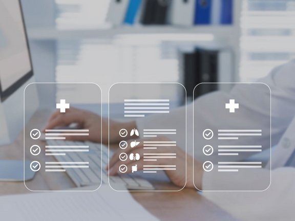 A radiologist working with structured reporting templates
